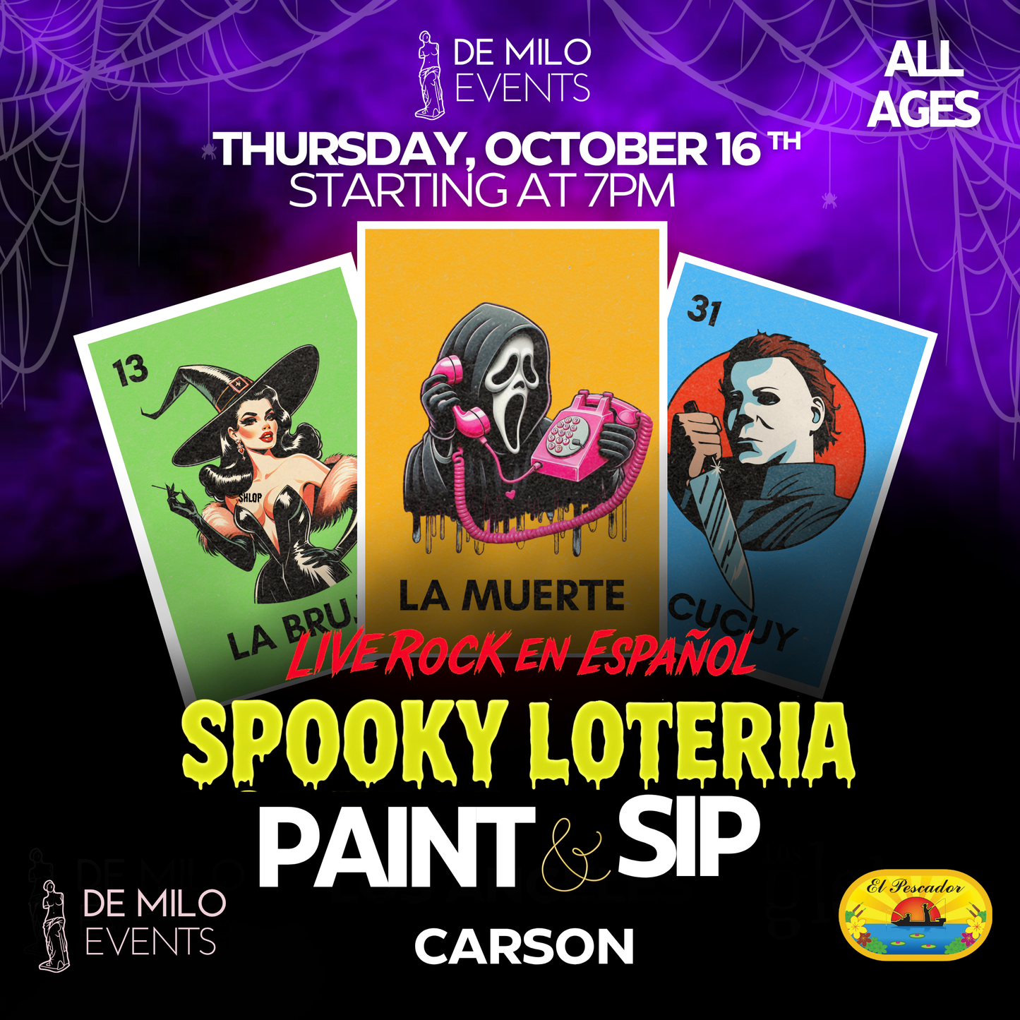 10/16/25 -Spooky Loteria Paint & Sip + Live Music @ El Pescador Bar & Grill (Carson)(All Ages Welcome)